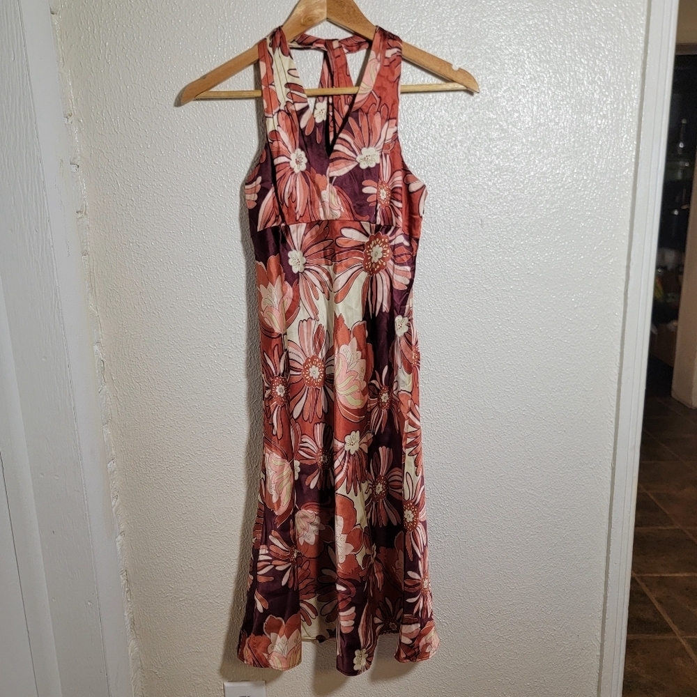y2k Ann Taylor Silk Satin Floral Halter Midi Slip Dress sz 0 Pink Maroon